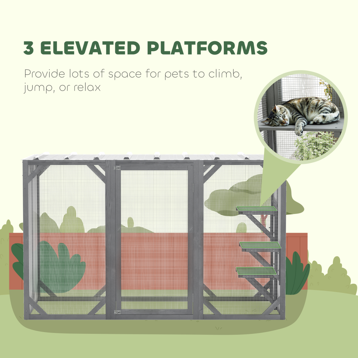 PawHut 71"Wooden Cat House with 3 Platforms, Large Door for Multiple Cats