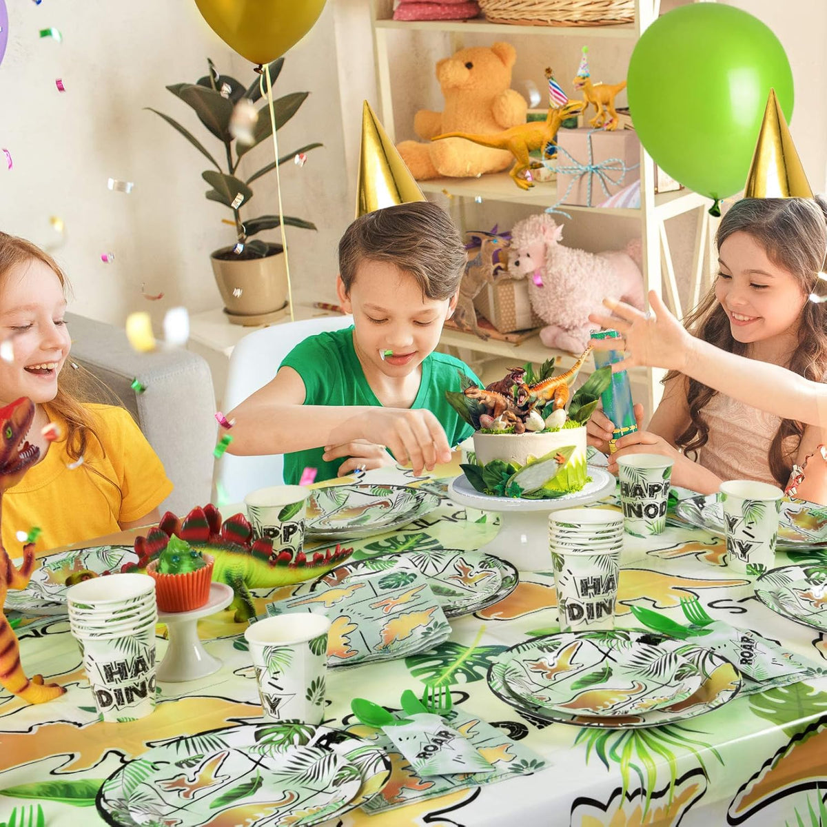 Party Tableware Set for Kids 16 Guests 66pcs Birthday Decorations Gold Dinosaur