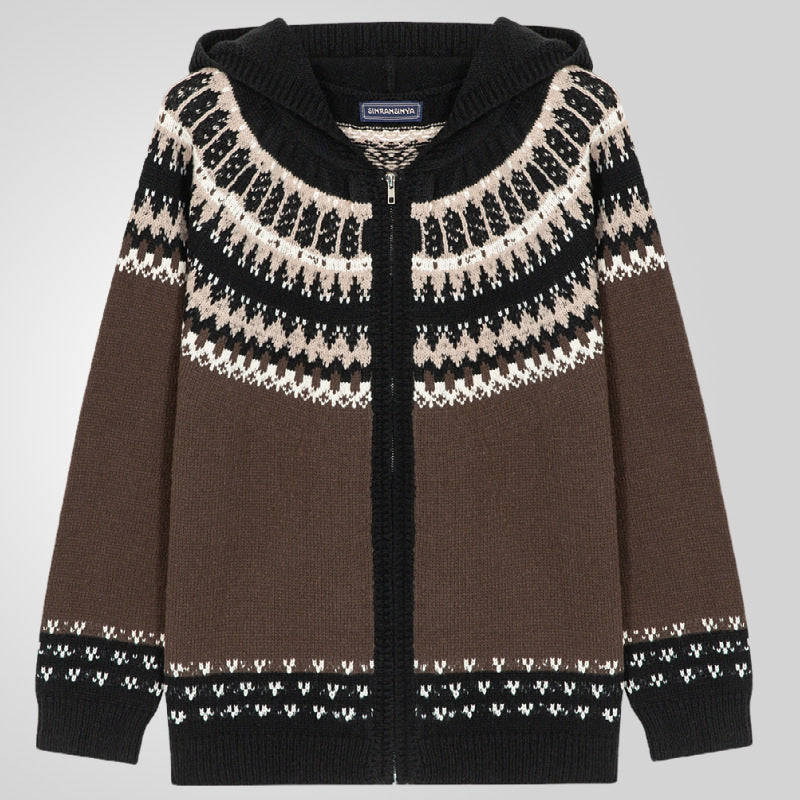 Men's Jacquard Knitted Hoodie With Long Sleeves And Zipper-front Cardigan Sweater
