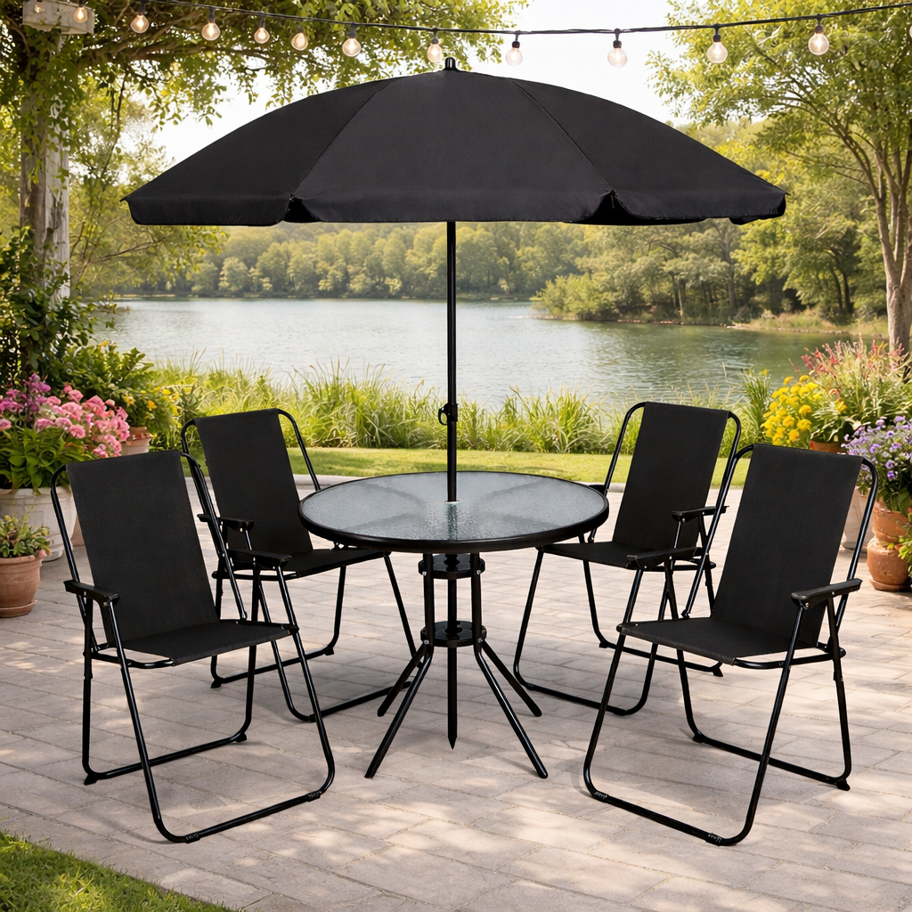 6pc Black Garden Furniture Set Table 4 Chairs and Parasol