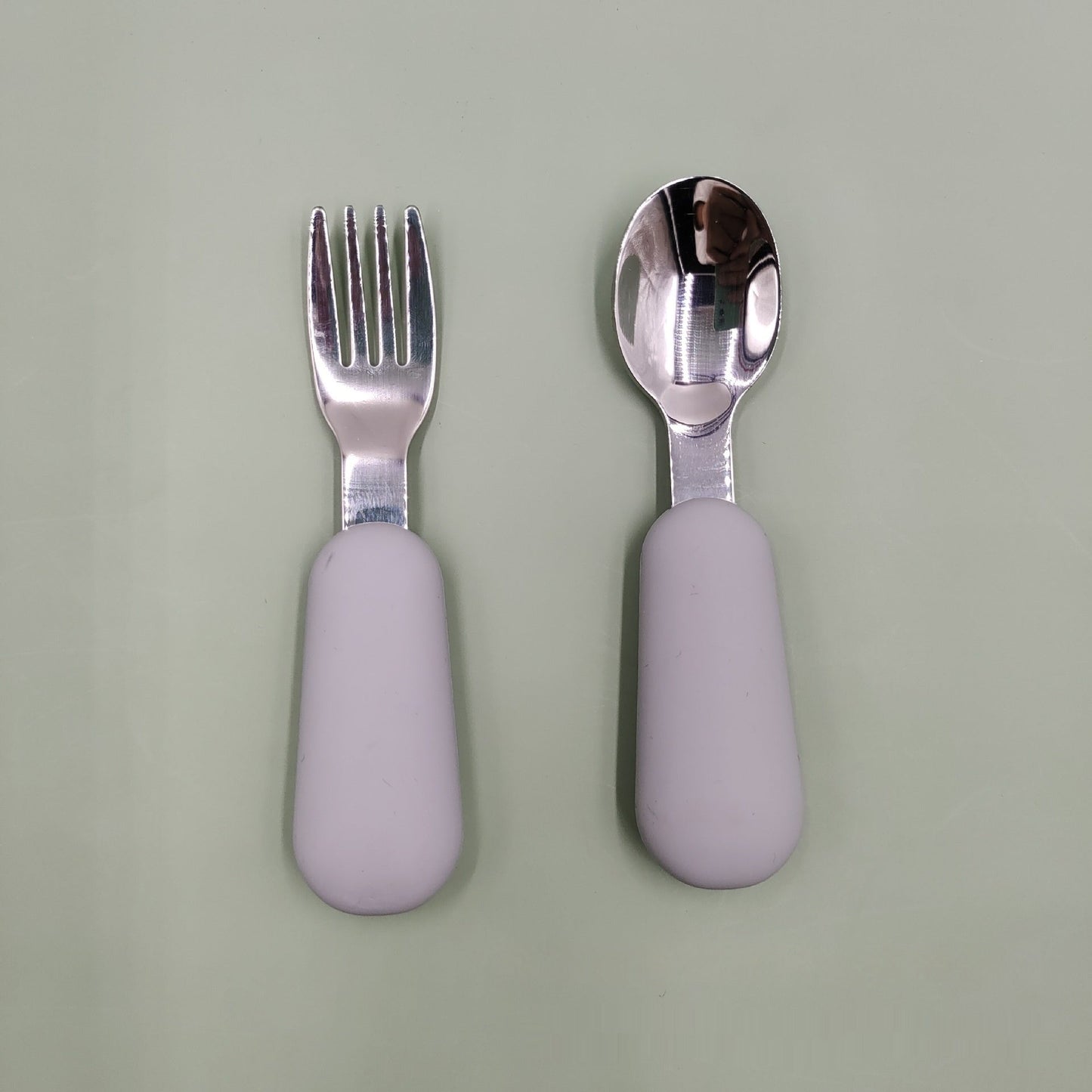 Stainless Steel Baby Spoon Fork Set - Short Handle Silicone Grip