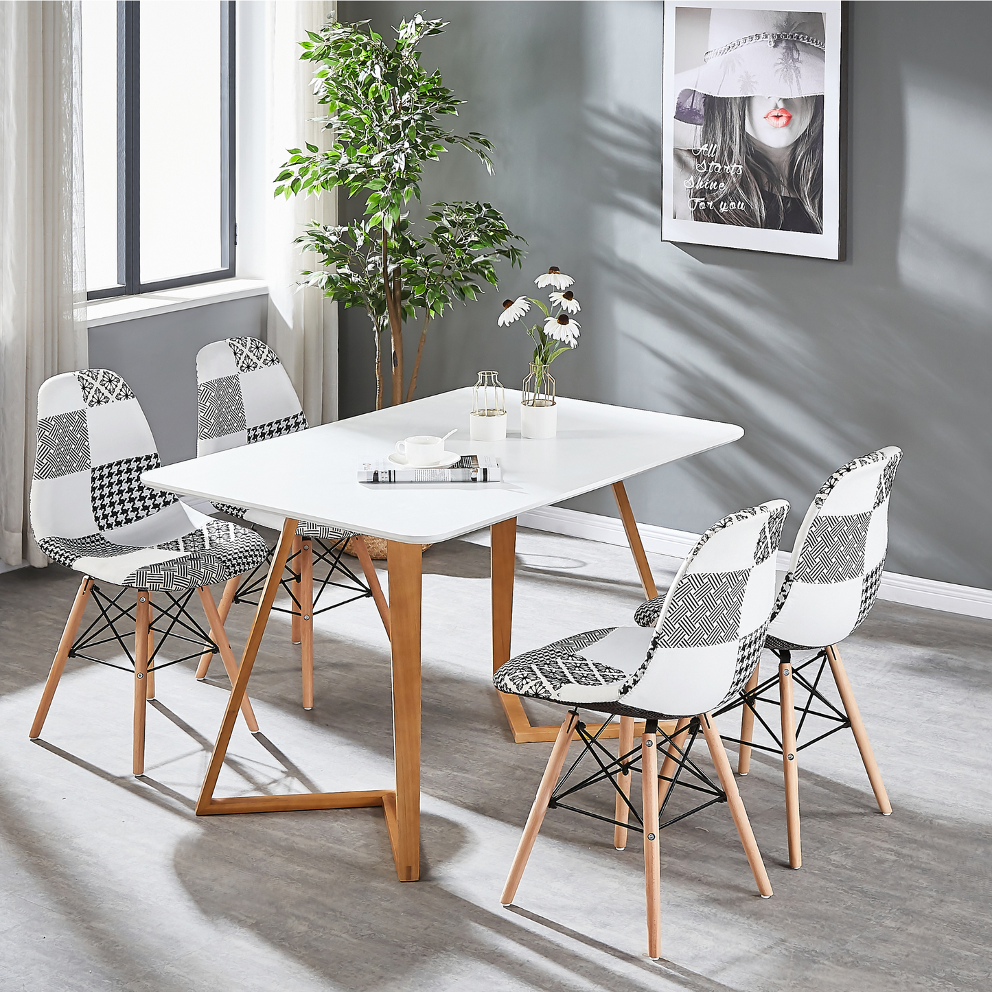 Black/White Patchwork Modern Dining Chair with Wooden Legs & Black Metal Wire Frame