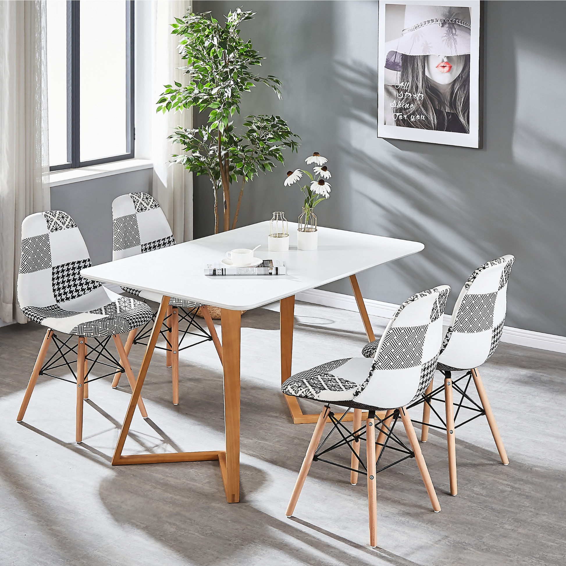 Black/White Patchwork Modern Dining Chair with Wooden Legs & Black Metal Wire Frame