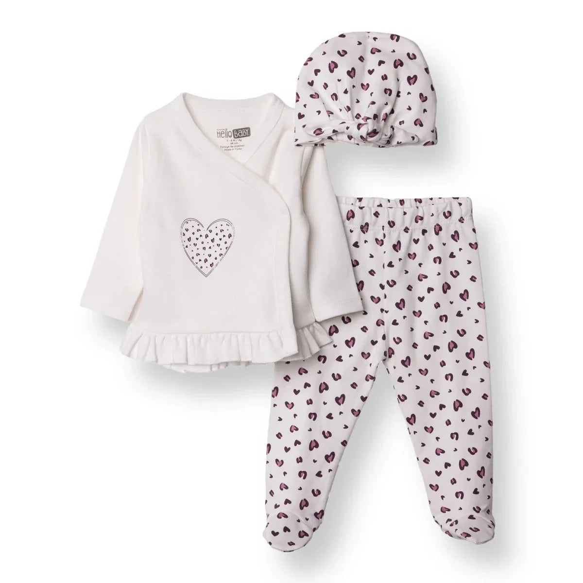 HelloBaby Heart Print Baby Hat, Vest & Bottoms Set (Newborn to 6-9 Months)