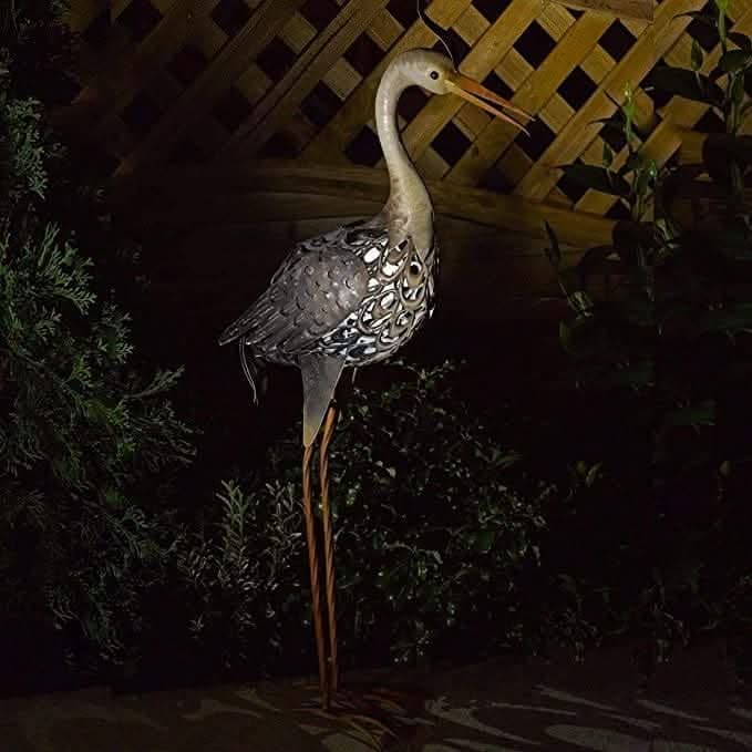 Solar Powered Light Up Heron With LED Lights Copper Effect Metal Garden Animal Sculpture