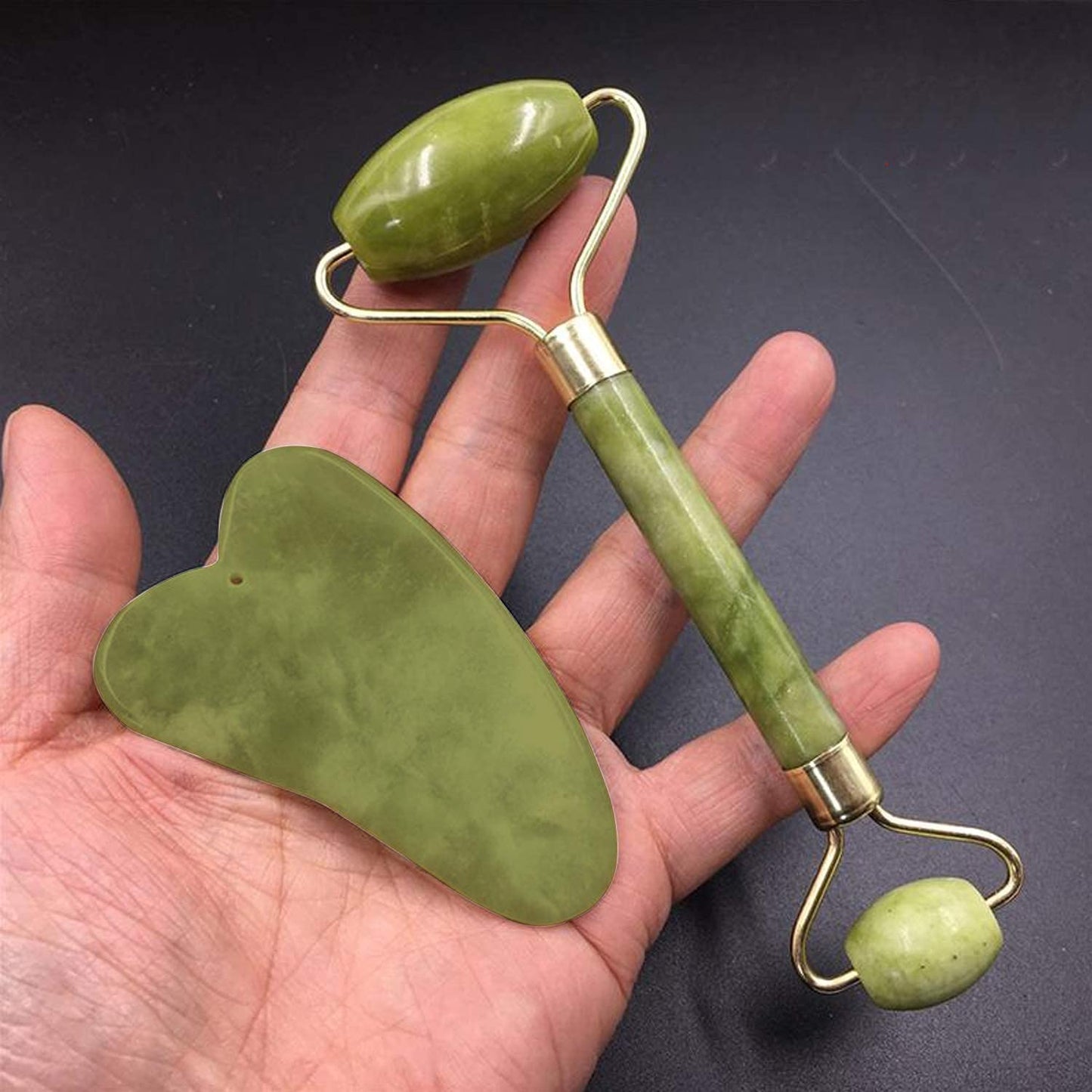 Jade Roller & Gua Sha Set for Face, Neck, Wrinkles & Serum Application