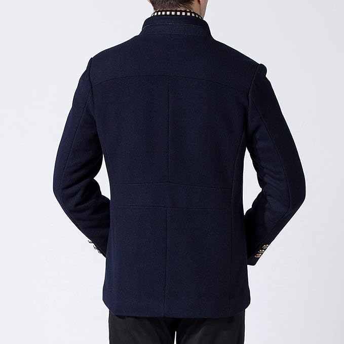 Mens Winter Wool Coat Thick Stand Collar With Scarf Navy Blue Size M, Biutimarden