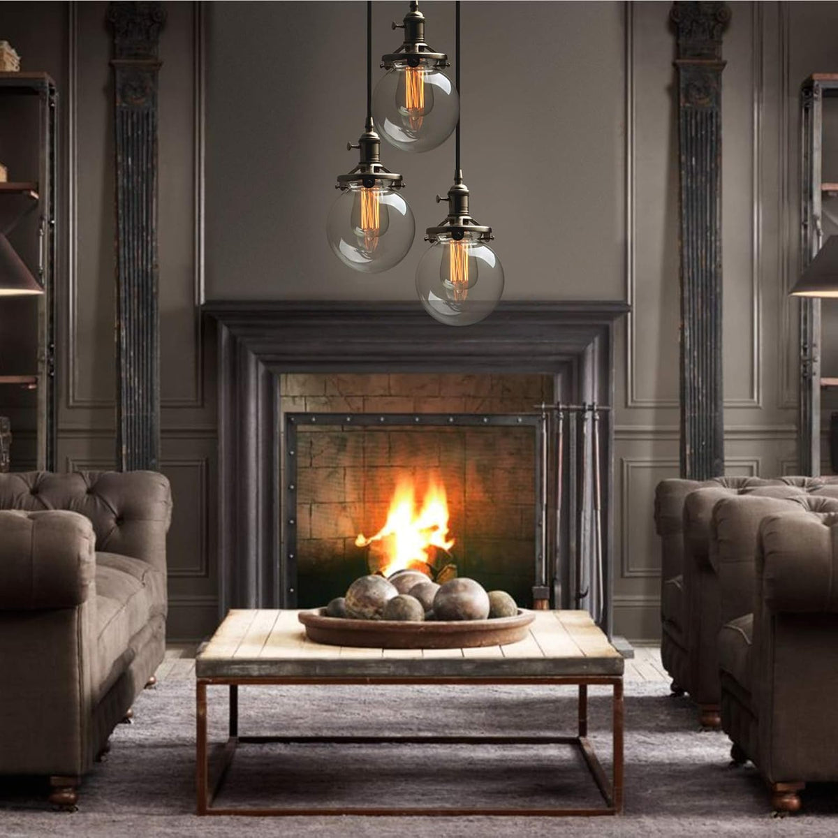 3 Light Pendant Chandelier Vintage Industrial Globe Glass E27 Phansthy