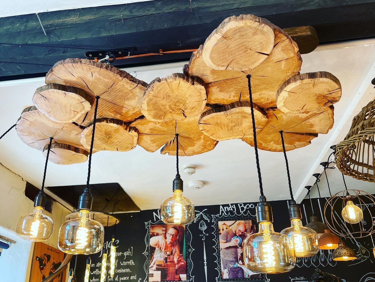 Oak log slice chandelier