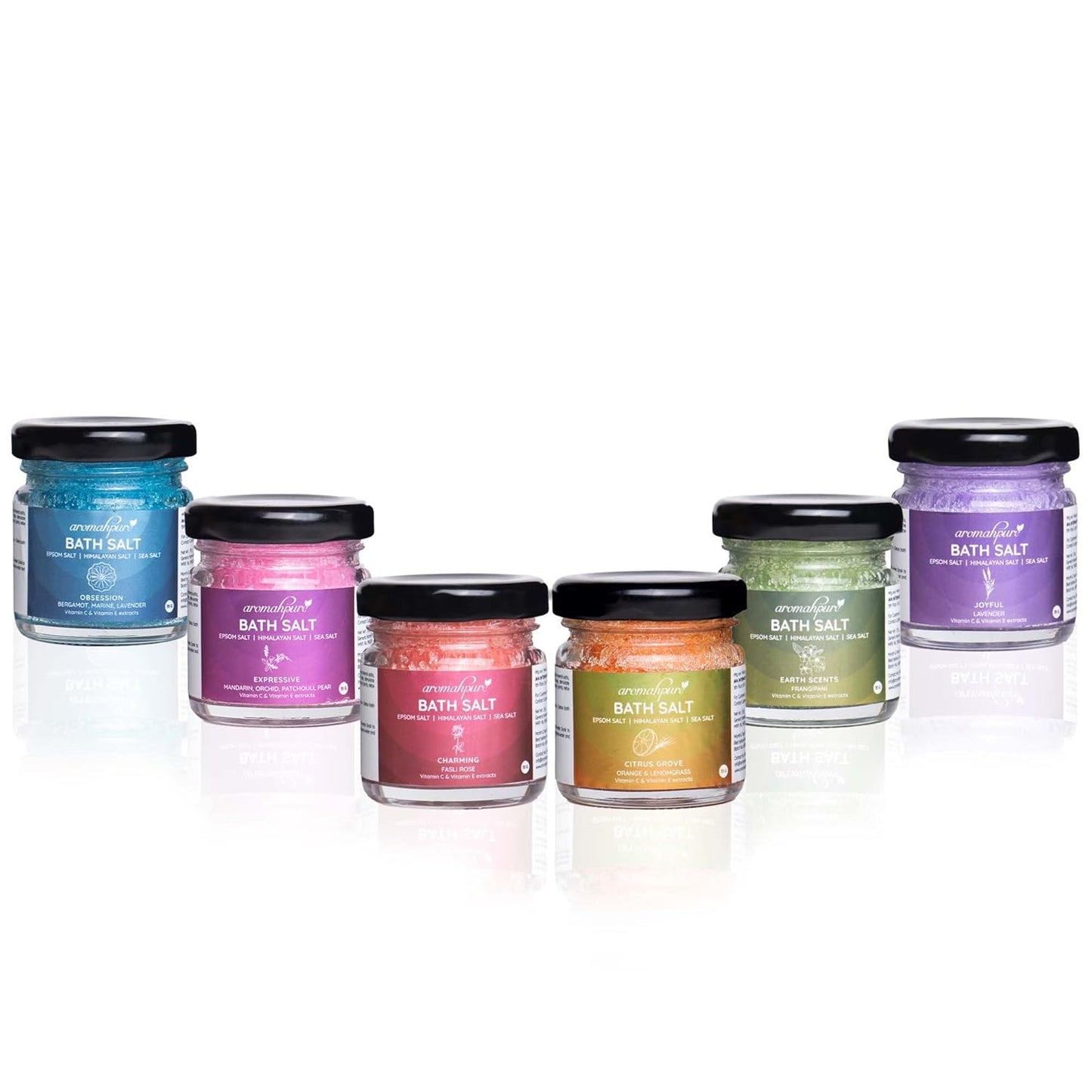Aromahpure Natural Bath Salt Set with Essential Oils, 6 Scents, 35g Each