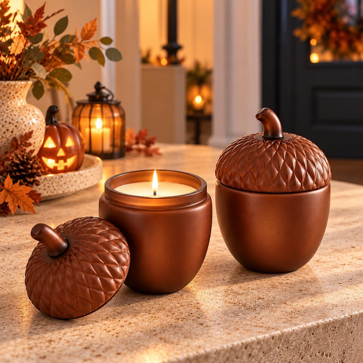 Set of 2 Autumn Scented Candles, Glass Jars with Lids