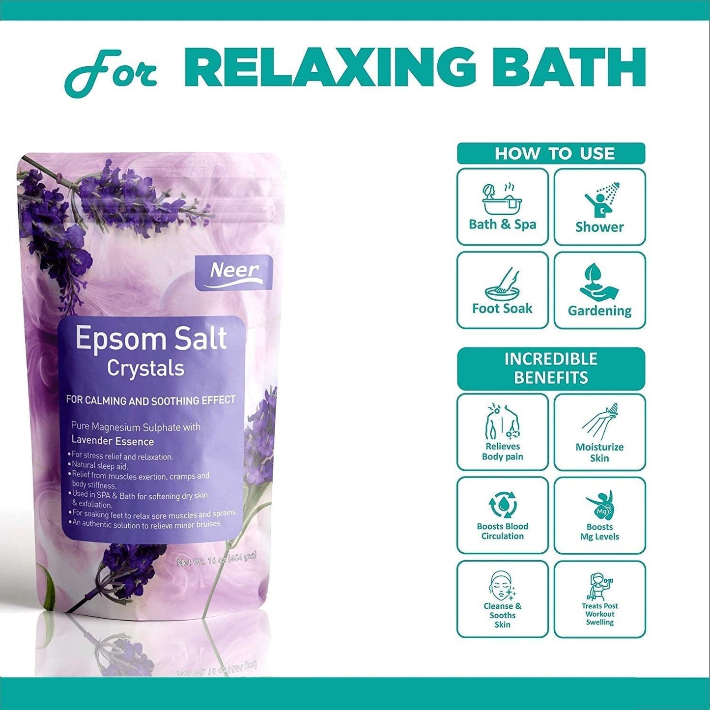 NEERCHEM Lavender Epsom Salt 454g Relaxation & Muscle Recovery Bath