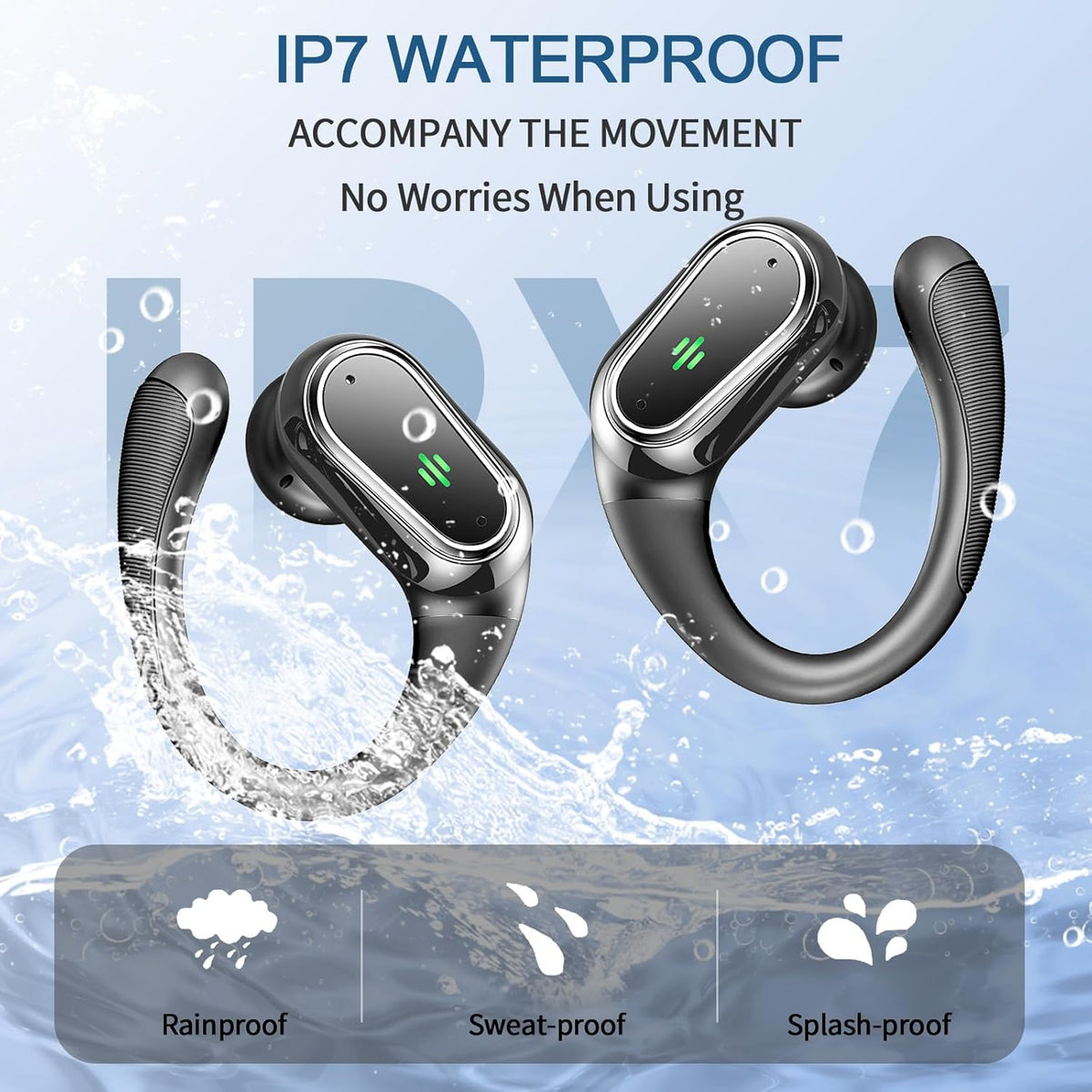 Earbuds Wireless Sport 50H Playtime Bluetooth 5.4 Headphones Mic Earhooks Black