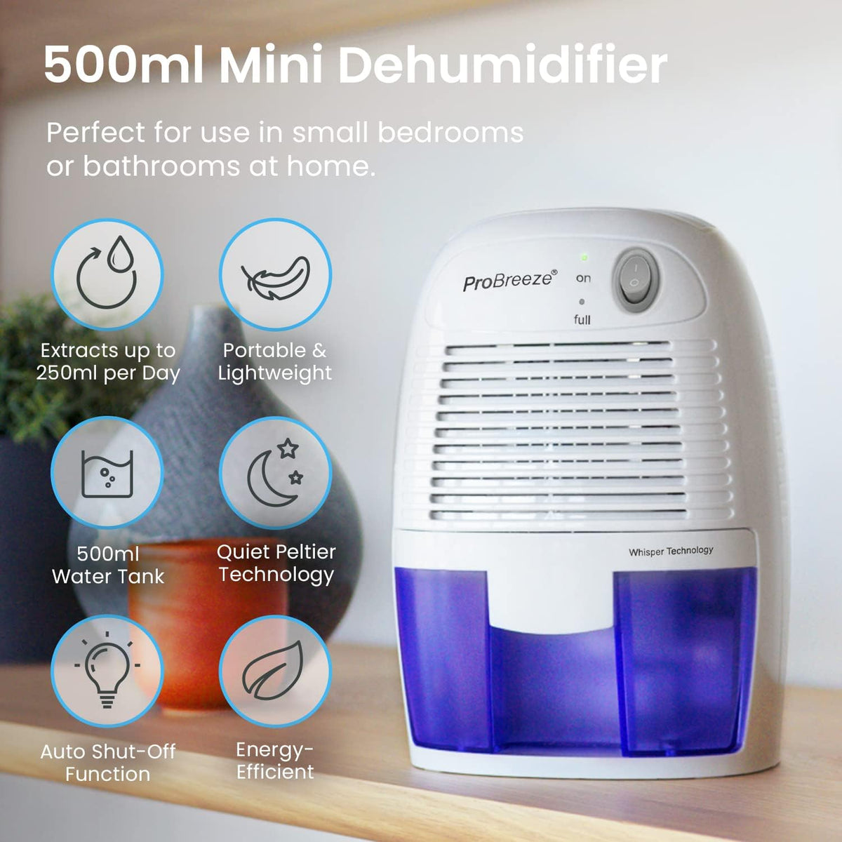 Pro Breeze Dehumidifier 500ml Tank Portable for Damp Mould Moisture Ultra-Quiet