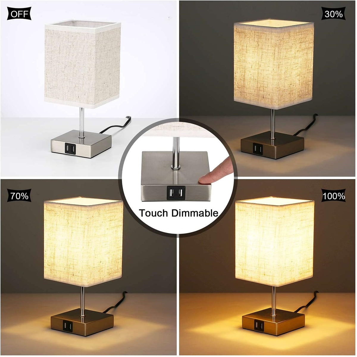 Lightess 2x Touch Bedside Lamps with USB, Dimmable, E14 Bulbs Included – White