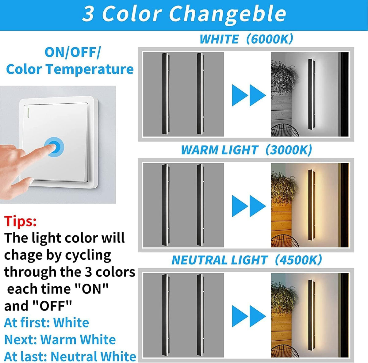 LED Outdoor Wall Light 80cm 3 Color 3000K 4500K 6000K Rainproof Mikeru