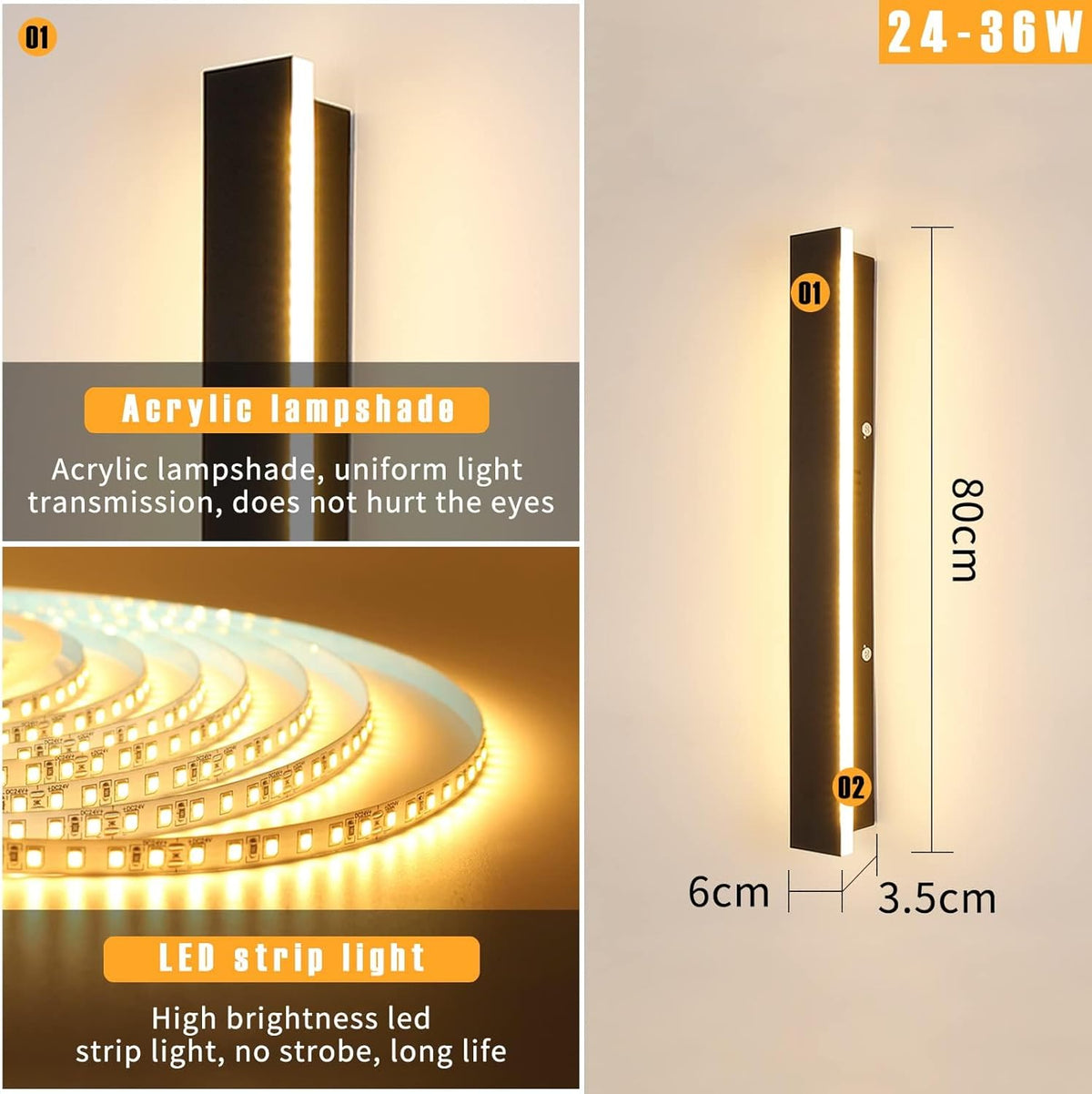 LED Outdoor Wall Light 80cm 3 Color 3000K 4500K 6000K Rainproof Mikeru