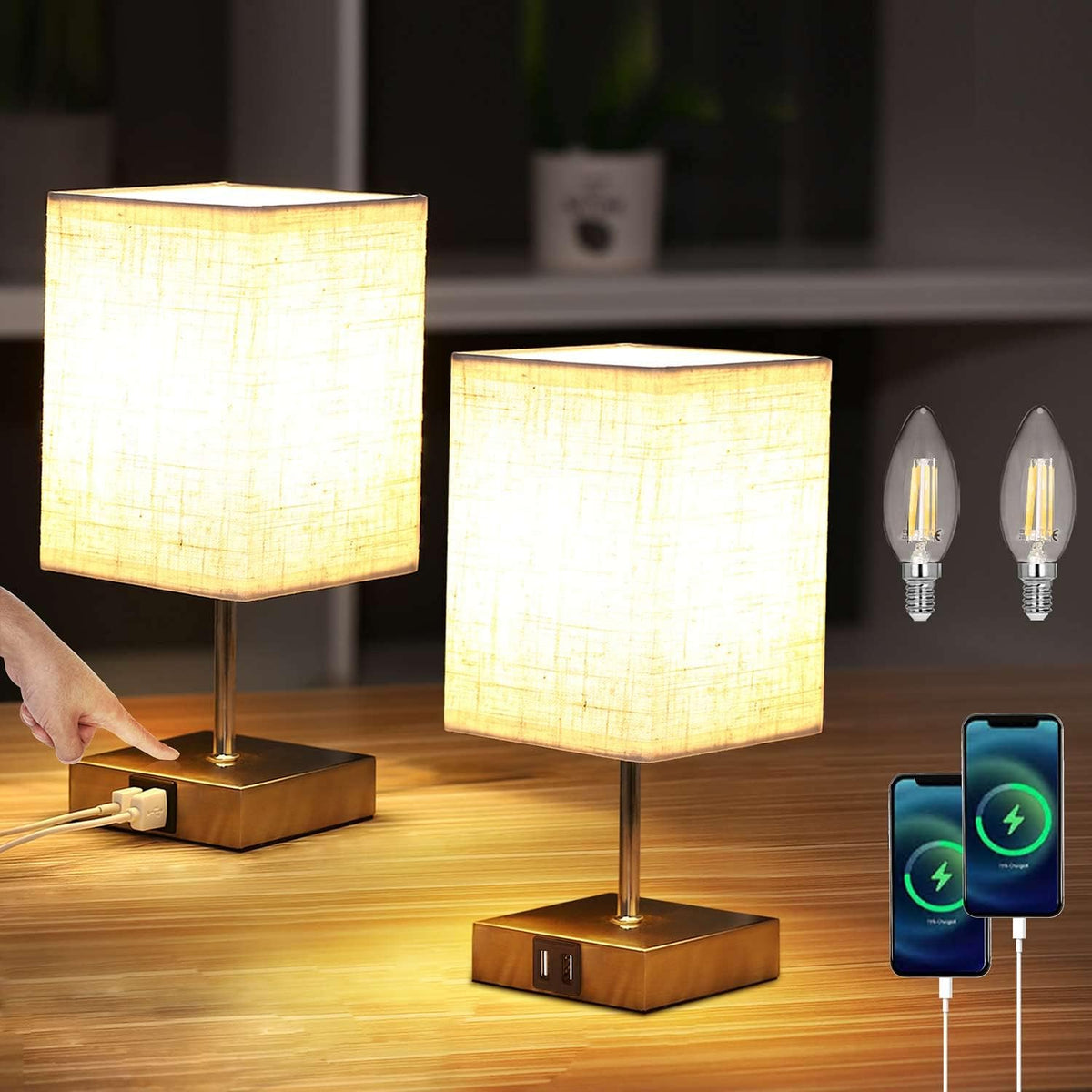 Lightess 2x Touch Bedside Lamps with USB, Dimmable, E14 Bulbs Included – White