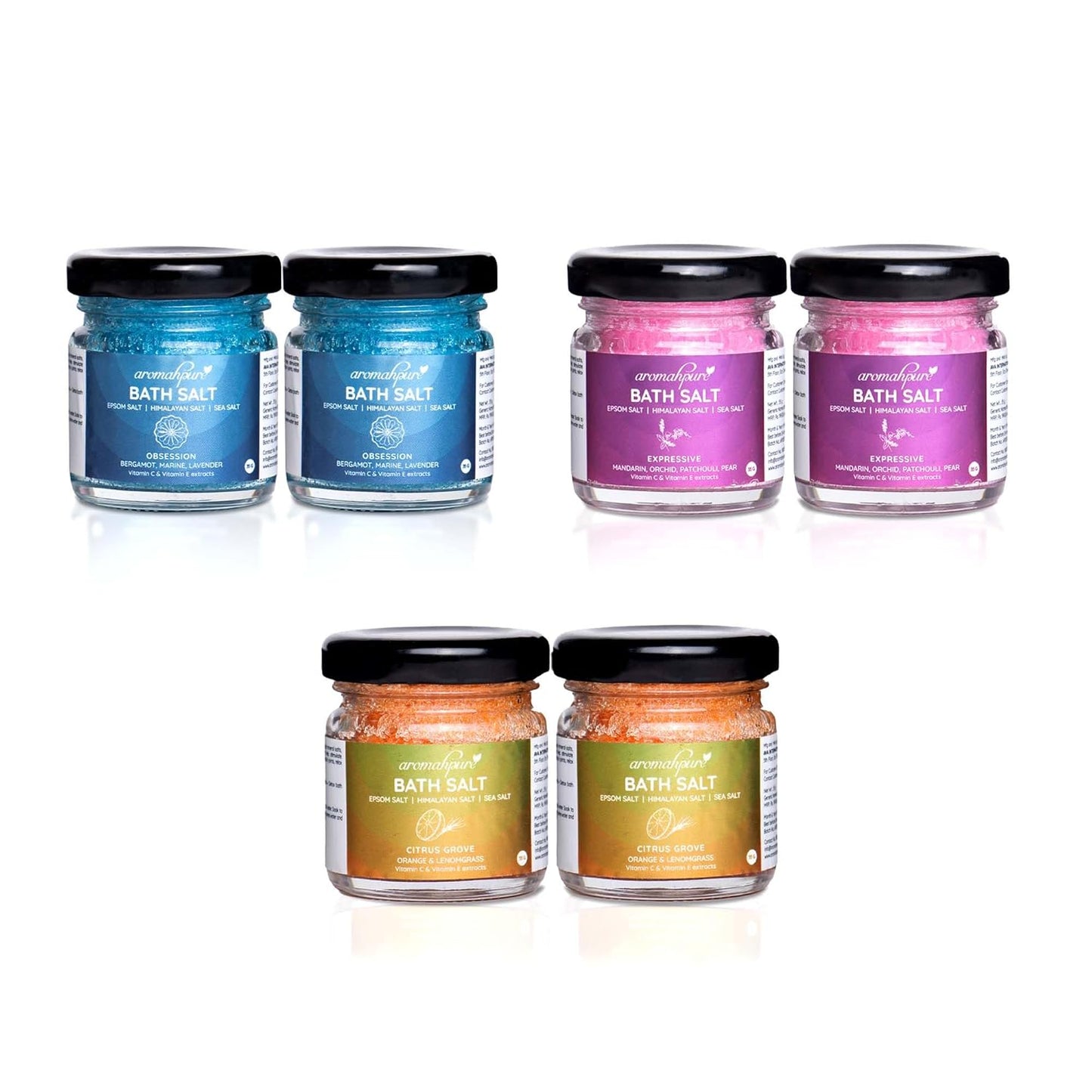 Aromahpure Natural Bath Salt Set with Essential Oils, 6 Scents, 35g Each