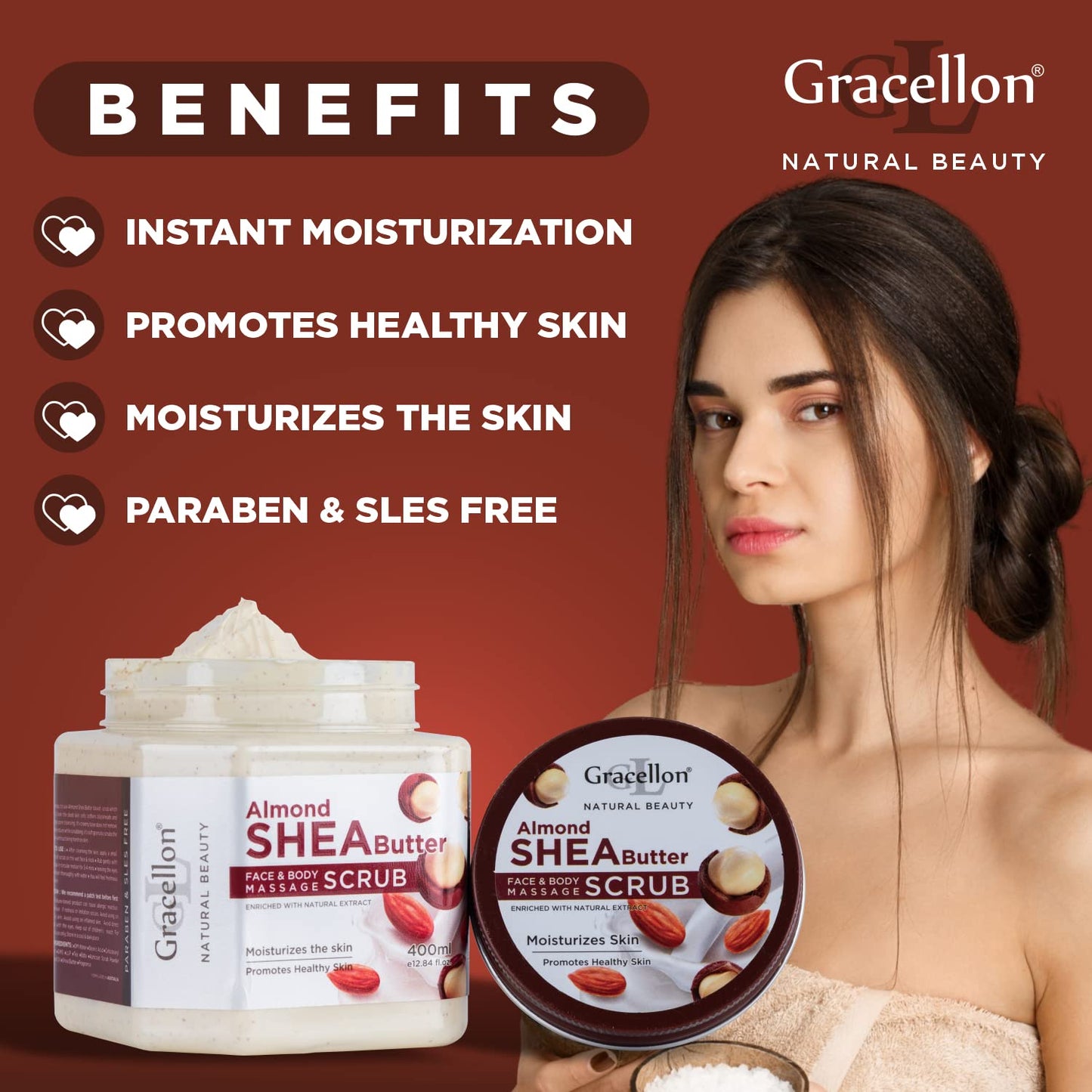 Gracellon Almond Shea Scrub for Face & Body - Moisturizing & Paraben-Free
