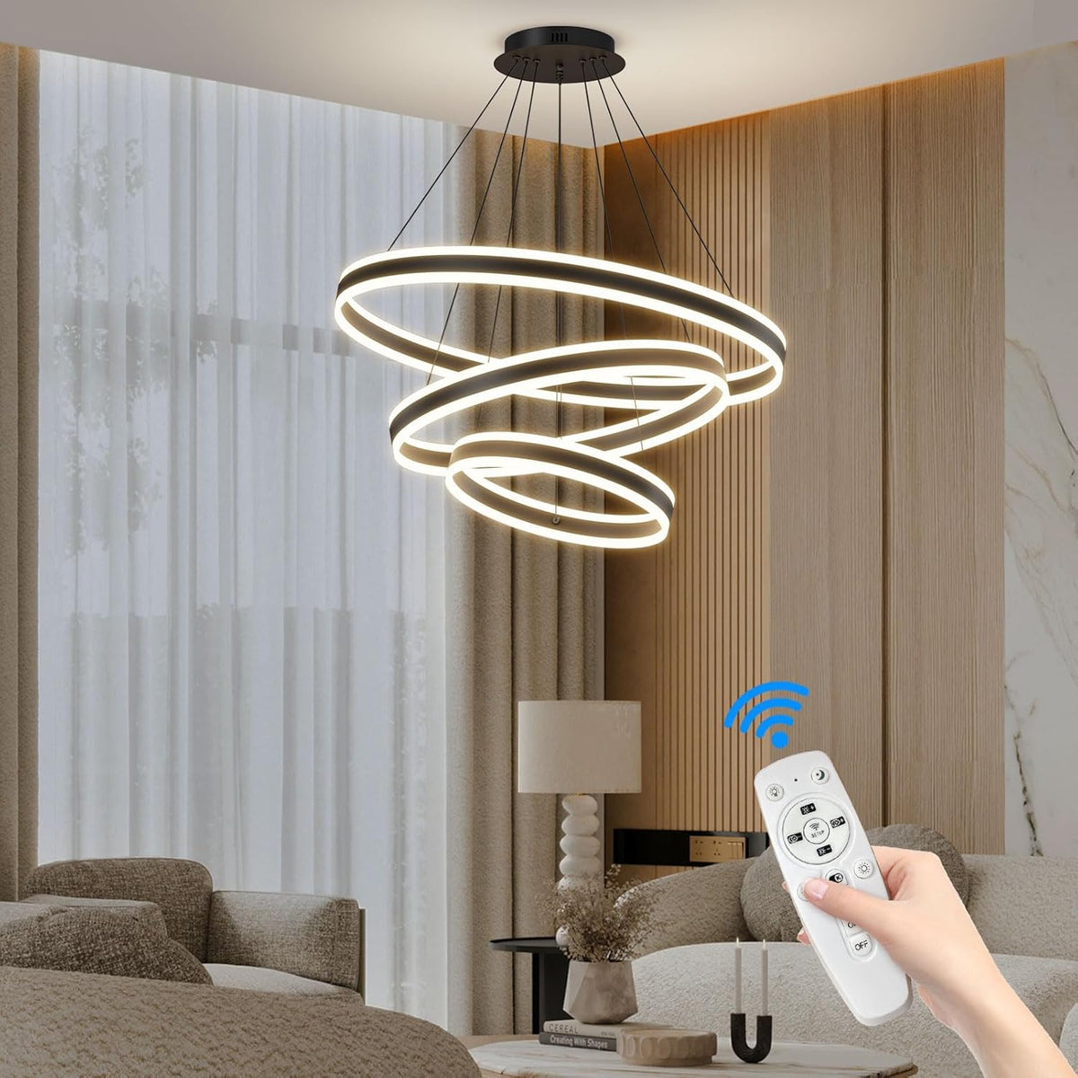 Mikeru 3 Ring Round Pendant Light, Adjustable Dimmable Hanging, 20+40+60cm