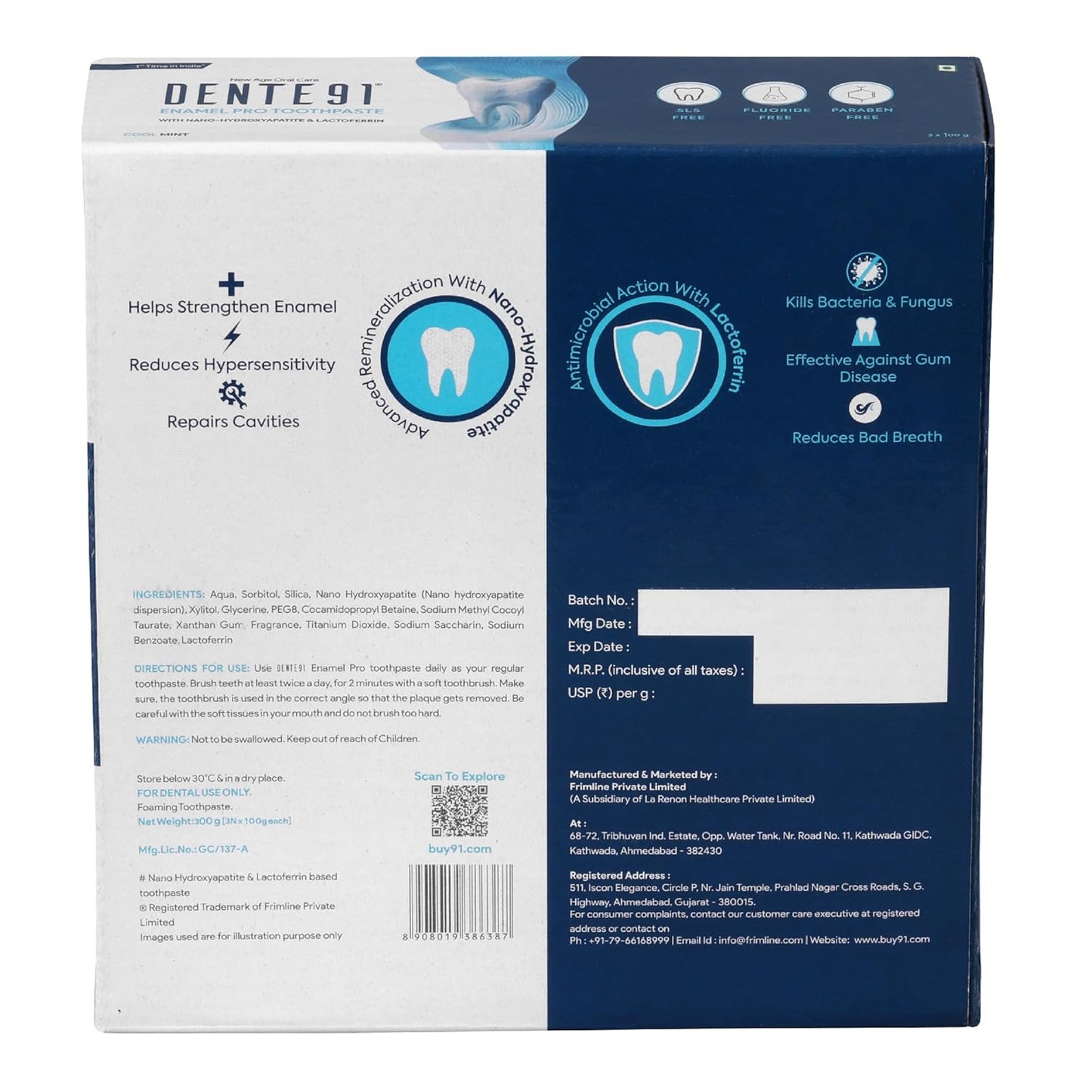 Dente91 Enamel Pro Toothpaste 3-Pack, Sensitivity Relief, Cavity Repair