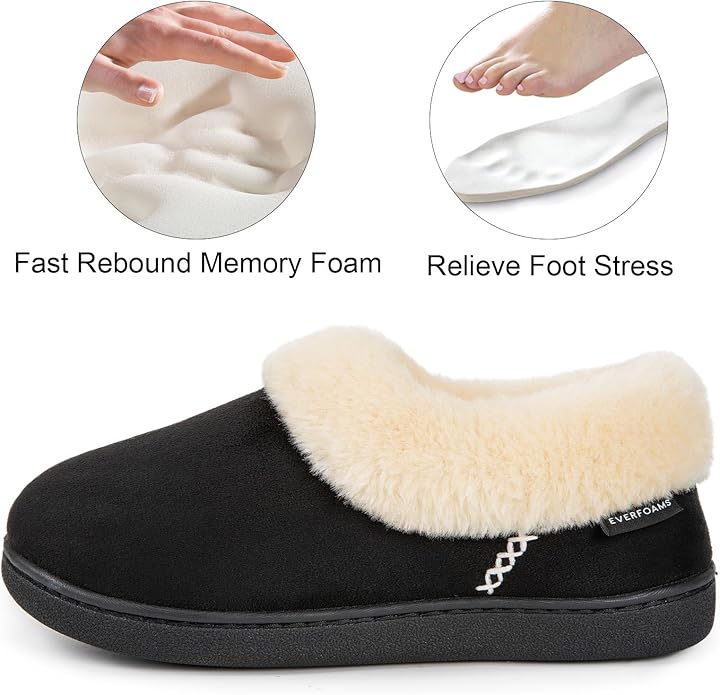 Mens Warm Slippers Memory Foam Fluffy Black EverFoams UK 9-10 EU 42-43
