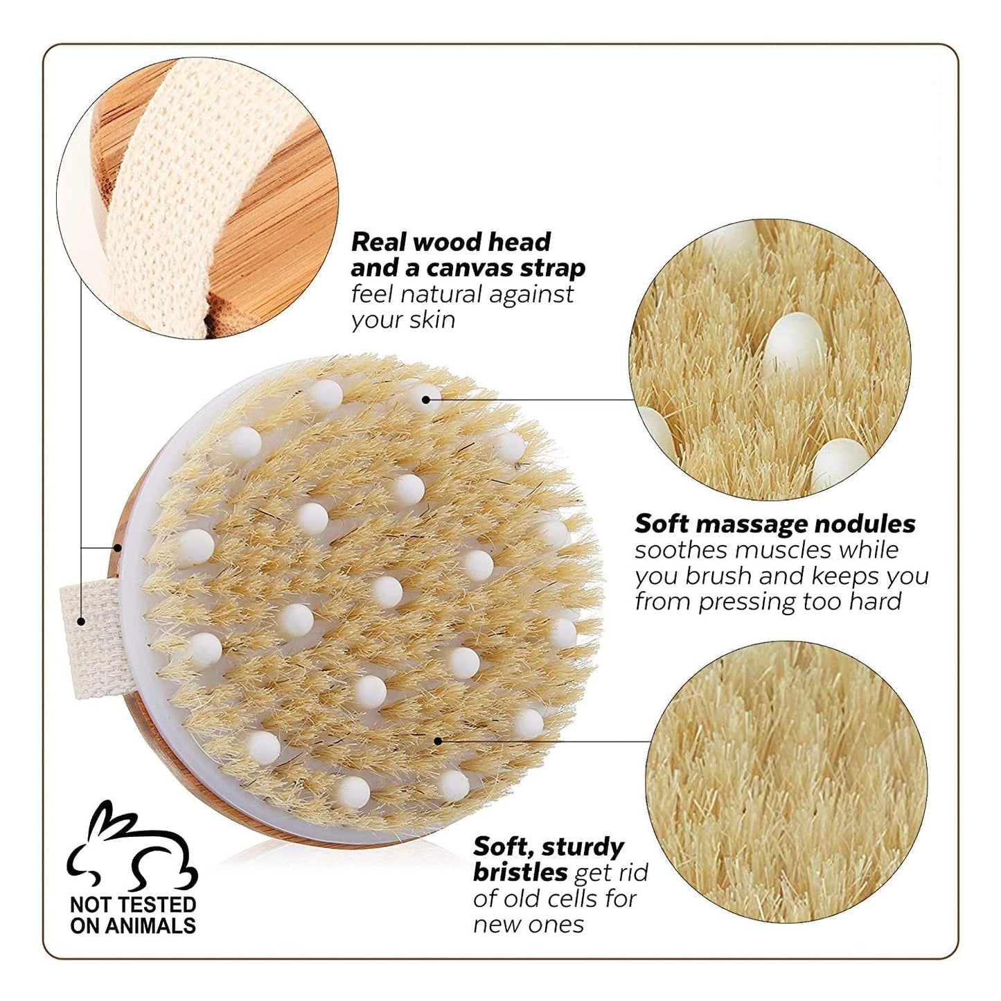 Wooden Bath Brush with Massaging Nodes for Dry Brushing & Cellulite