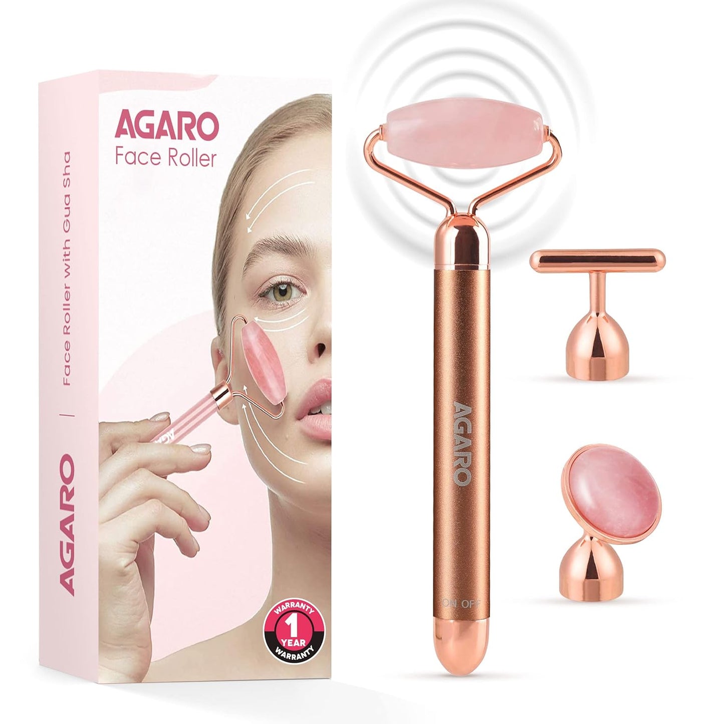 Agaro Rose Quartz 4-in-1 Face Roller Kit for Anti-Aging & Skin Firming