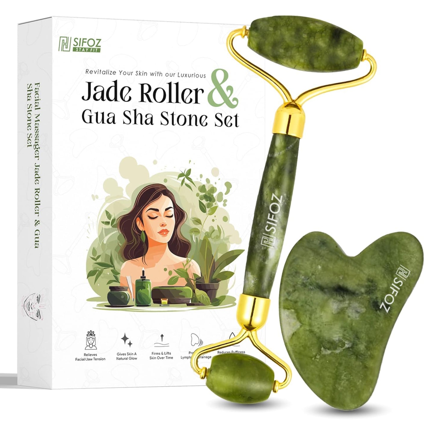 Jade Roller & Gua Sha Set for Anti-Aging Facial Massage