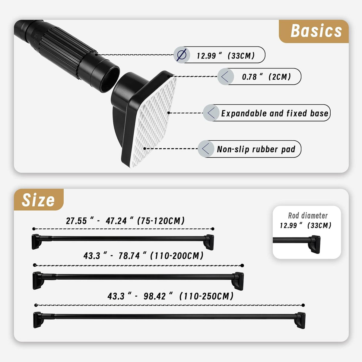Telescopic Shower Curtain Rod, 110-250cm, No Drilling, Steel, Up to 50kg, Black