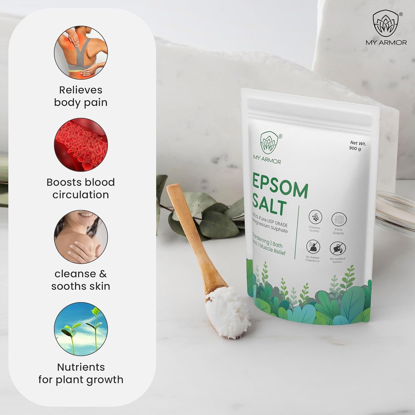 MY ARMOR Epsom Bath Salt Powder 900g for Muscle Relief and Gardening