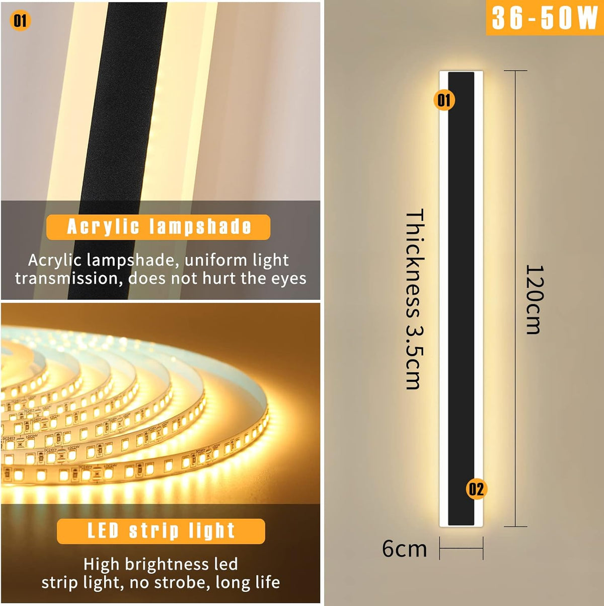 Mikeru 120CM Outdoor LED Wall Light, 42W IP65, 3 Modes 3000K-6000K, Black