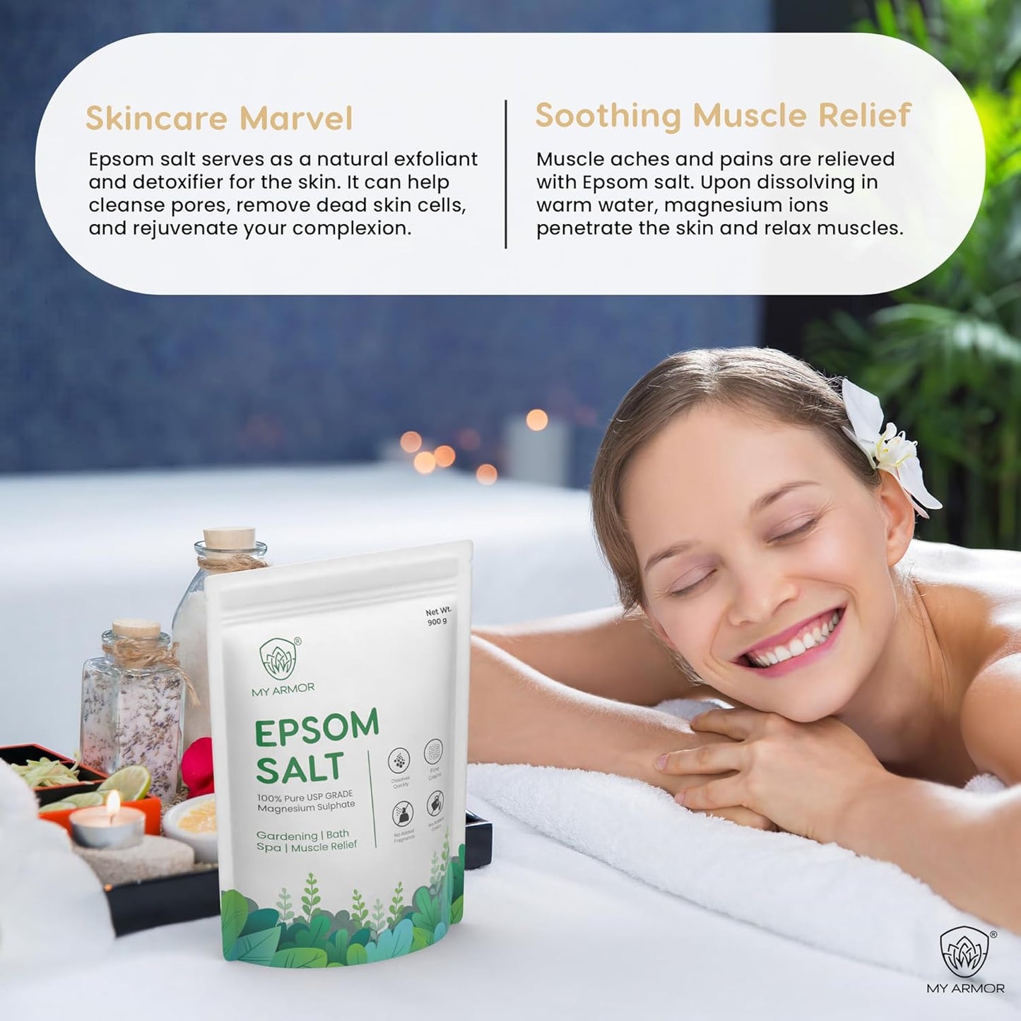 MY ARMOR Epsom Bath Salt Powder 900g for Muscle Relief and Gardening