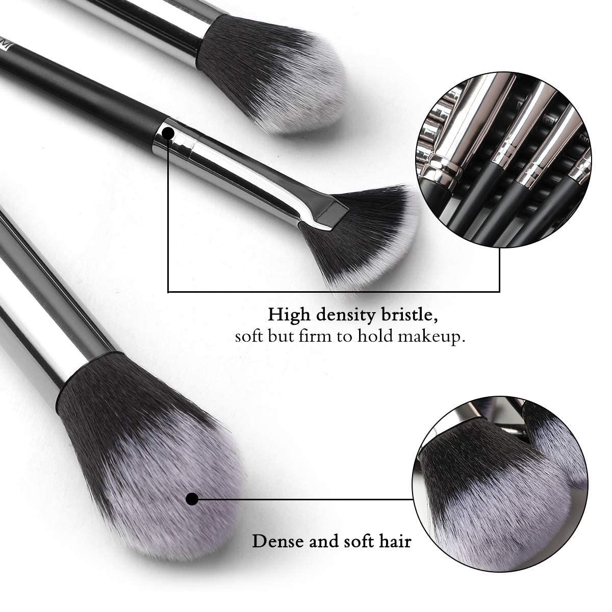 MAANGE 20-Piece Black/Silver Makeup Brush Set for Face & Eyes