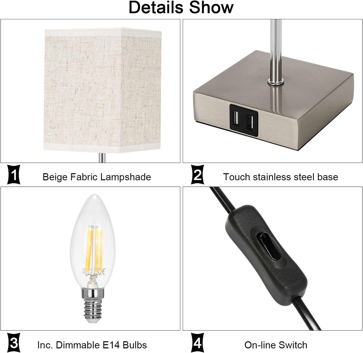 Lightess 2x Touch Bedside Lamps with USB, Dimmable, E14 Bulbs Included – White