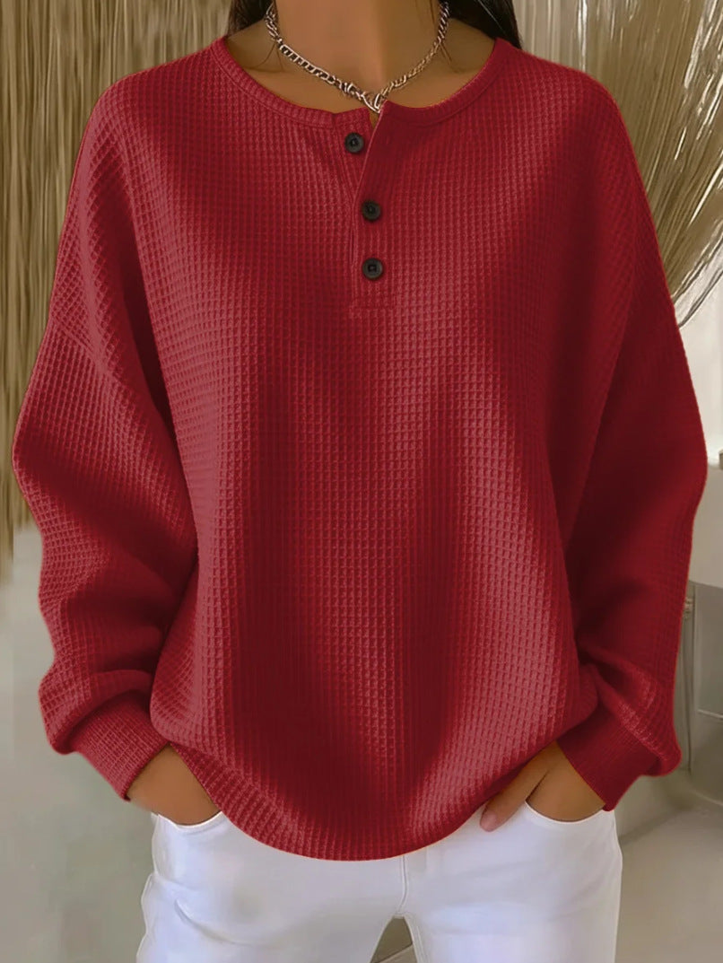 Ins Waffle Long-sleeved T-shirt Fashion Solid Color Buttons Round Neck Pullover Top Women's Clothing