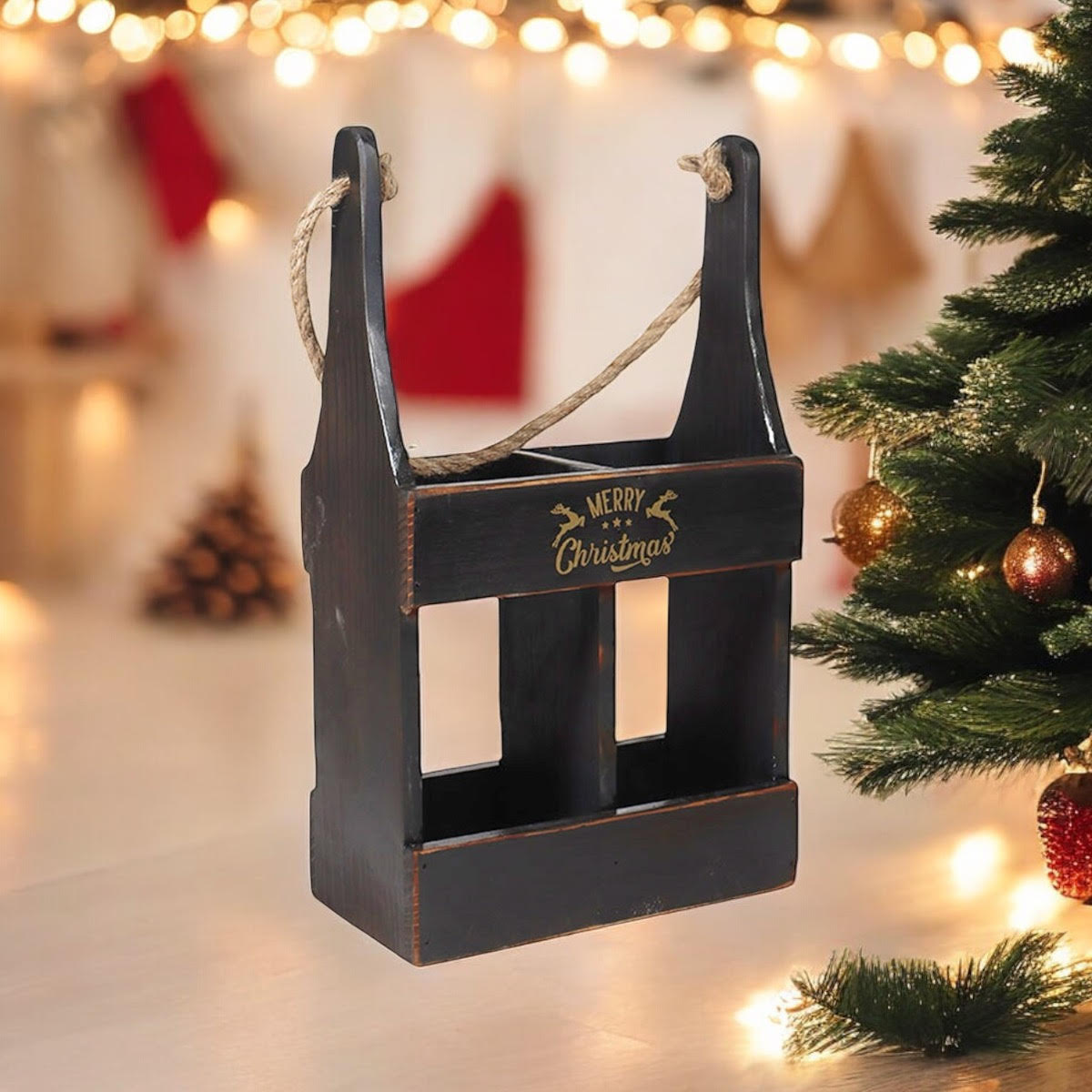 39CM WOODEN BLACK 2 BOTTLE WINE HOLDER