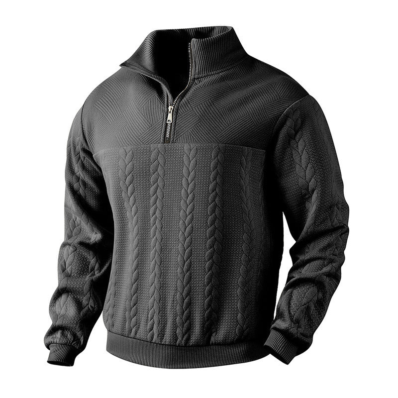 Men's Jacquard Fall Winter Long-sleeved Warm Pullover Hoodies Quarter-Zip Design Fashion Tops