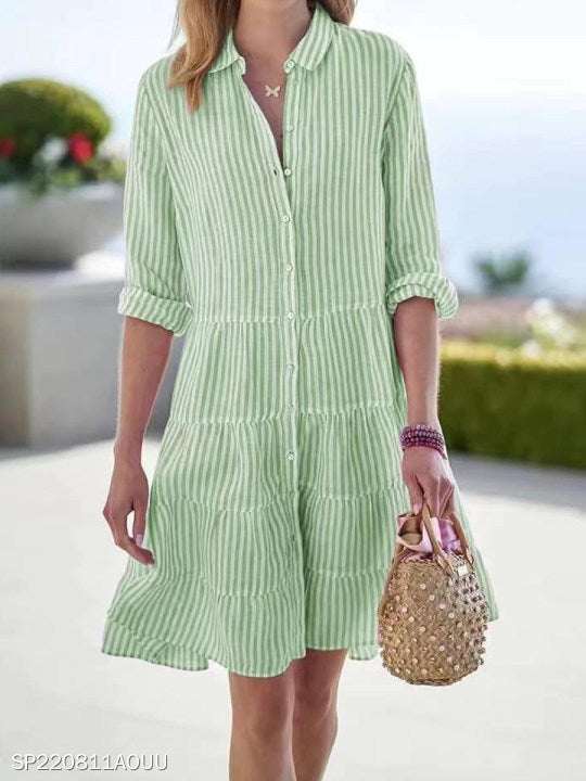 Ins Striped Long-sleeved Shirt Dress Fashion Lapel Button Dresses For Women