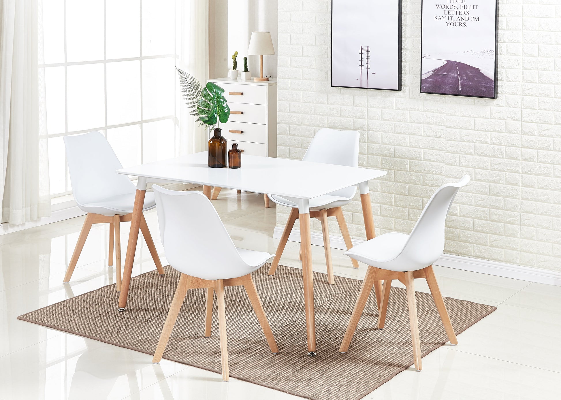 5PCs Dining Set - a White Halo Dining Table & Set of 4 Lorenzo Tulip Dining Chairs with Padded Seat