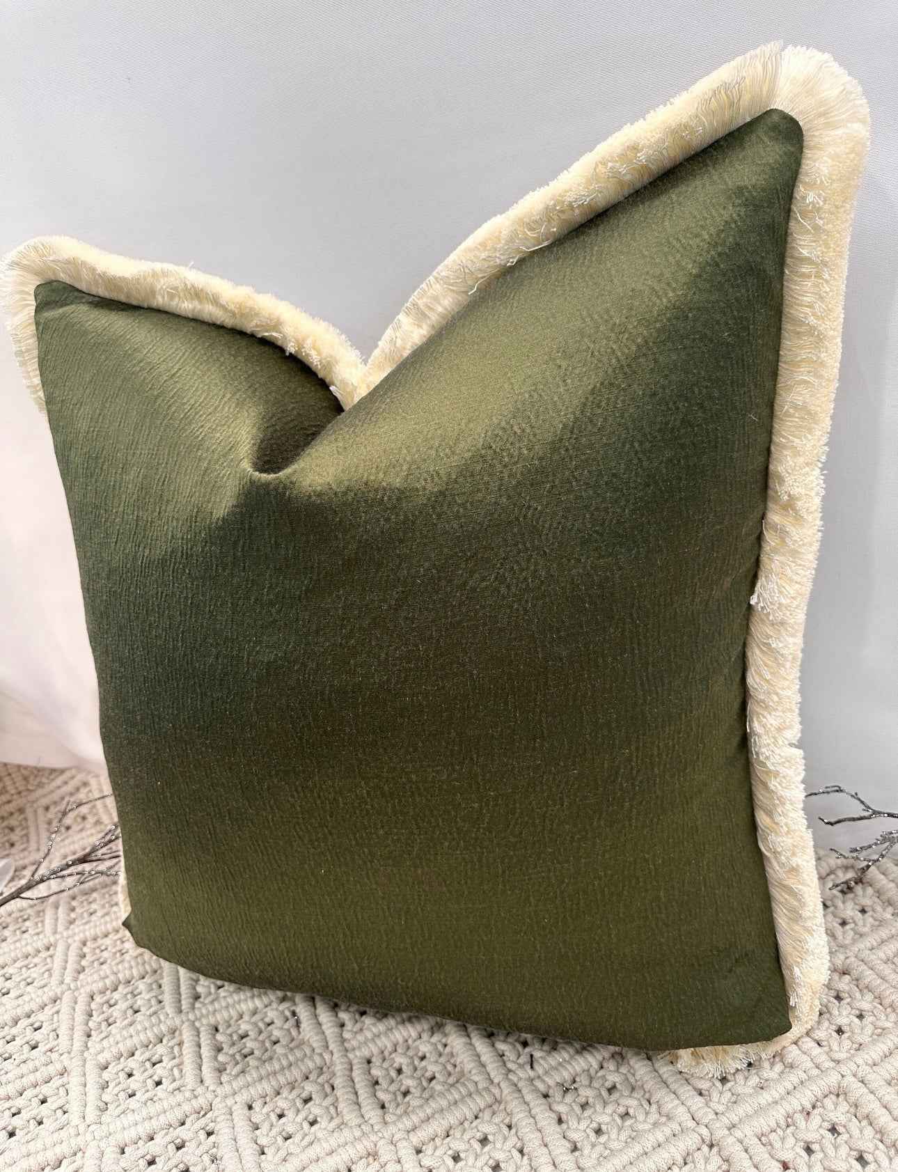 The Couture Cushion - The Everest Green Laurent Fringed In Ivory - Style No. 24