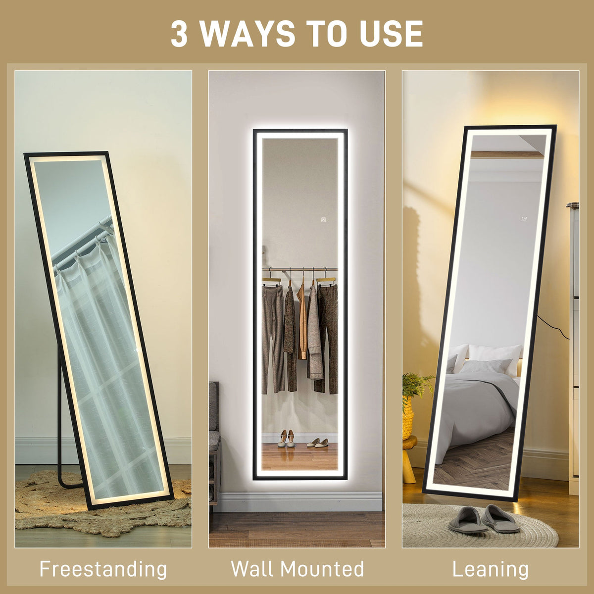 HOMCOM 150 x 40cm Full Length Mirror w/ Adjustable Lights Metal Frame Black