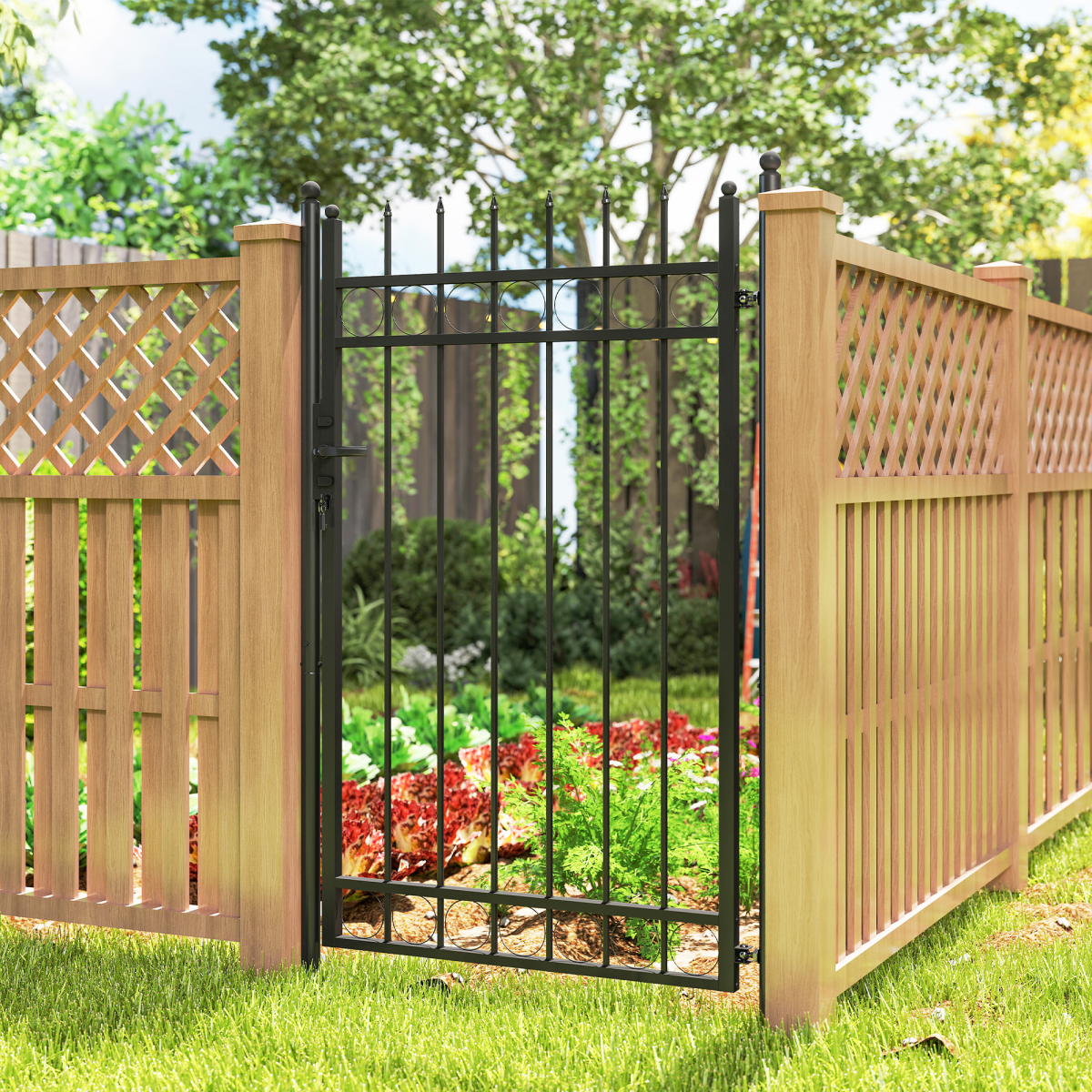 Outsunny Galvanised Steel Garden Fence Gate Security Barrier with Lock, Keys