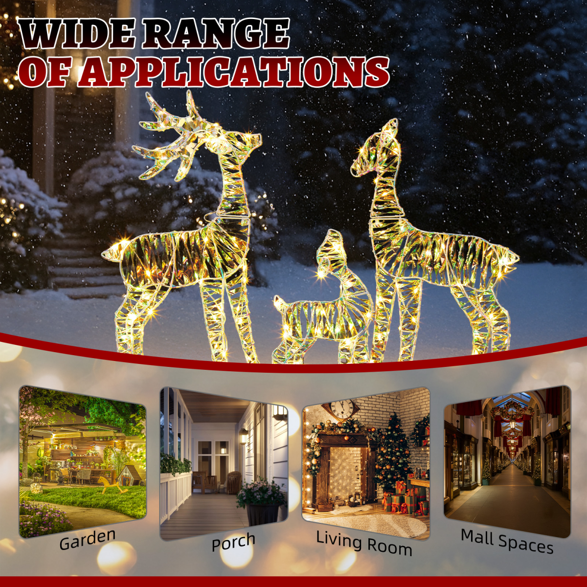 3-Piece Lighted Iridescent Christmas Reindeer Family Set Outdoor Decorations, Weather Proof Deer Family Set of 3 Christmas Ornament Home Decor Pre-lit 110 LED Warm White Lights, 2.4FT