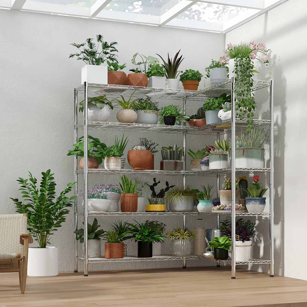 5-layer double row, freely adjustable layer spacing, with adjustable feet, display stand, iron, 177*40*180cm, chrome-plated