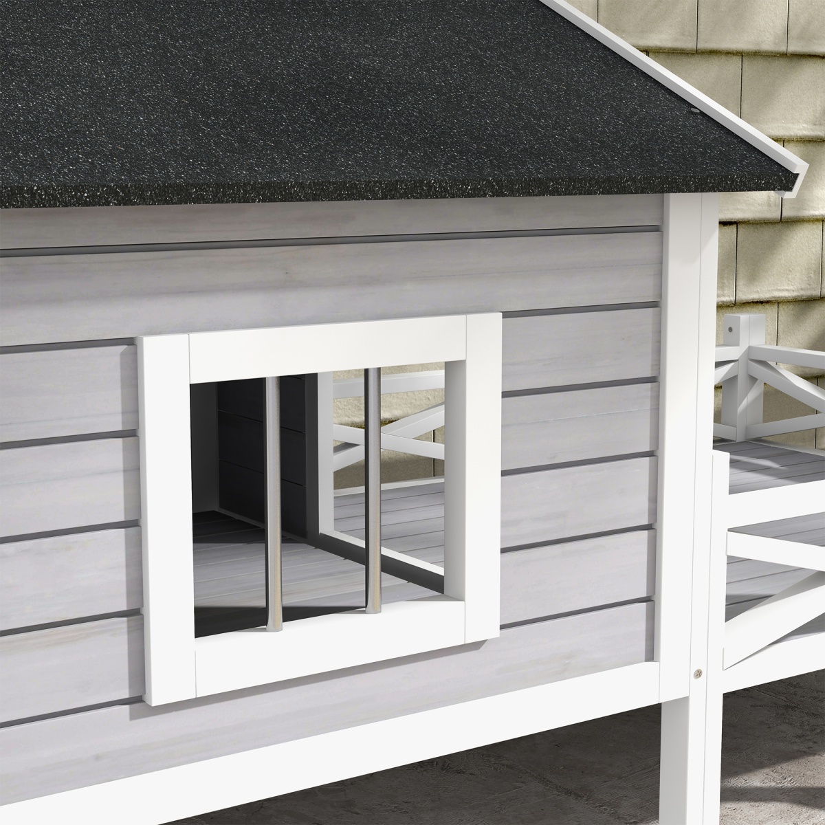 PawHut Wooden Dog House w/ Porch, Water-resistant Roof, for S M Dogs, Grey