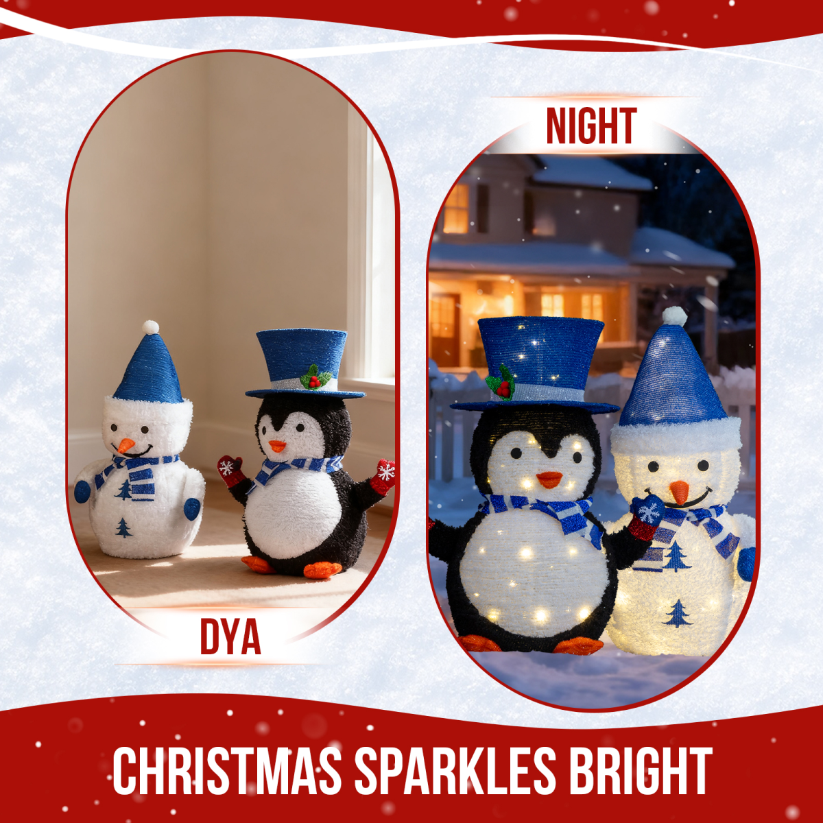 Set of 2 Lighted Plush Penguin and Snowman Christmas Decorations, Pre-lit Pull Up Holiday Decor with 100 Warm White LED Lights for Xmas Outdoor Indoor Decor Lighted Holiday Displays