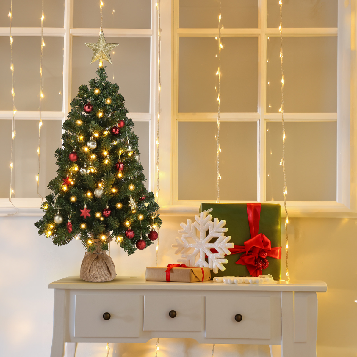 3ft 150 Branches PVC Material Top Stars Linen Base 100 Lights Warm Color 8 Mode Battery Switch Christmas Tree Green