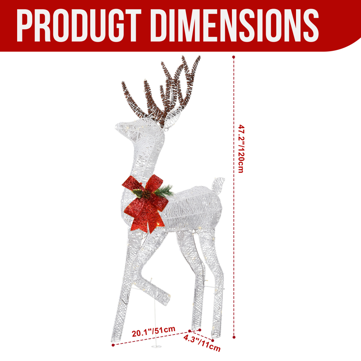 1.2M Lighted Reindeer Christmas Decorations, Pre-lit Holiday Decor with 90 Warm White LED Lights for Xmas Outdoor Indoor Decor Lighted Holiday Displays, White